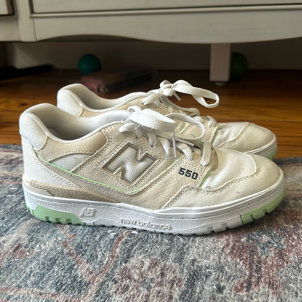 New Balance 550 Turtledove with Sandstone and Green Aura